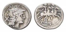 Denarius after 211, AR 19.5mm., 4.27g. Helmeted head of Roma r.; behind, X. Rev. The Dioscuri galloping r.; below, ROMA in linear frame. Sydenham 229....