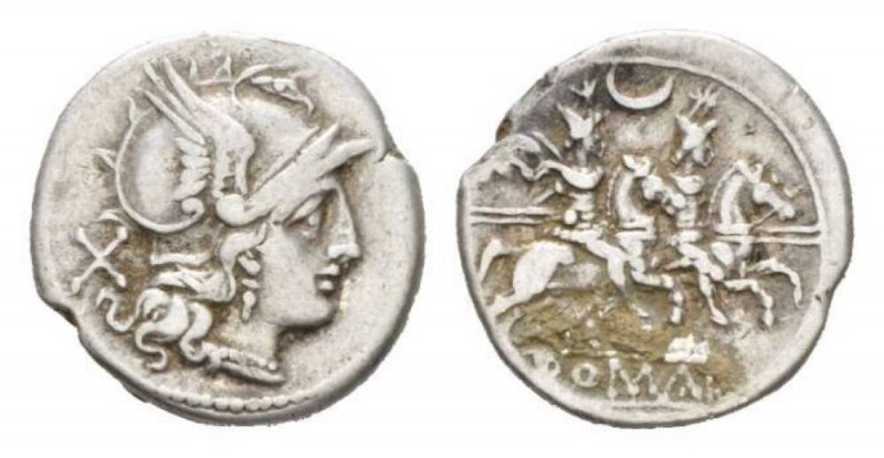 Denarius 207, AR 19.5mm., 3.63g. Helmeted head of Roma r.; behind, X. Rev. The D...