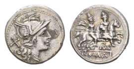 Denarius circa 179-170,, AR 19mm., 3.37g. Helmeted head of Roma r.; behind, X. Rev. The Dioscuri galloping r.; below, MAT ligate and ROMA in partial t...