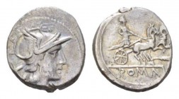 Denarius circa 179-170, Æ 18mm., 3.64g. Helmeted head of Roma r.; behind, X. Rev. Luna in prancing biga r.; below, feather and ROMA in partial tablet....