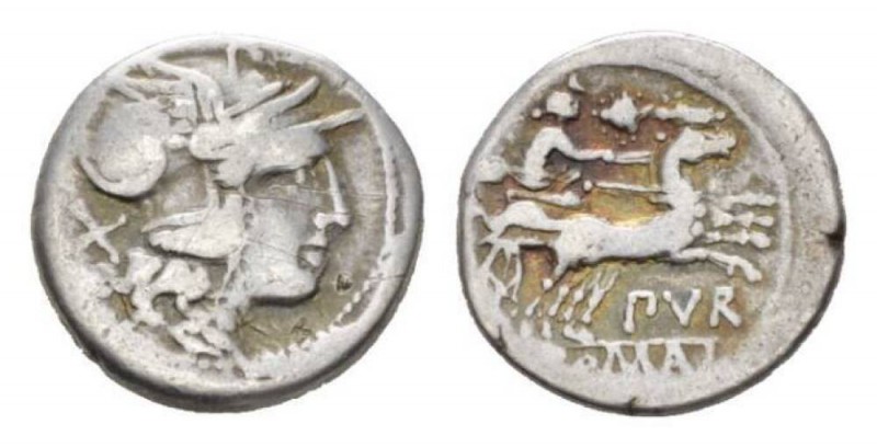 Furius Purpurio Denarius circa 169-158, AR 18.5mm., 3.86g. Helmeted head of Roma...