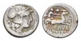 Furius Purpurio Denarius circa 169-158, AR 18.5mm., 3.86g. Helmeted head of Roma r.; behind, X. Rev. Luna in biga r.; above, murex-shell and below, PV...