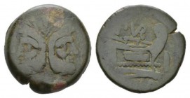 Furius Purpurio As circa 169-158, Æ 31mm., 27.75g. Laureate head of Janus; above, mark of value. Rev. Prow r.; above, PVR ligate and before, mark of v...