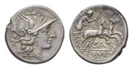 Sex. Atilius Saranus. Denarius 155, AR 18mm., 3.90g. Helmeted head of Roma r.; behind X. Rev. Victory in prancing biga r.; below, SAR and ROMA in tabl...