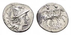 C. Scribonius. Denarius 154, AR 18mm., 3.57g. Helmeted head of Roma r.; behind, X. Rev. The Dioscuri galloping r.; below, C·SCR and ROMA in tablet. Ba...