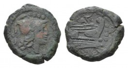 L. Saufeius. Triens 152, Æ 22mm., 10.67g. Helmeted head of Minerva r.; above, four pellets. Rev. Prow r.; above, crescent / L·SAVF. Before, four pelle...