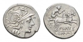 Decimius Flavus Denarius 150, AR 19mm., 3.69g. Helmeted head of Roma r.; behind, X. Rev. Victory in biga prancing r.; below, FLAVS and ROMA in partial...