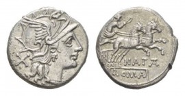 Pinarius Natta. Denarius 155, AR 17.5mm., 3.86g. Helmeted head of Roma r.; behind, X. Rev. Victory in biga prancing r.; below, NATTA and ROMA in parti...