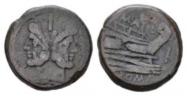M. Atilius Serranus. As 148, Æ 30mm., 26.17g. Laureate head of Janus; above, mark of value. Rev. M·ATIL Prow r.; before, mark of value and below, ROMA...