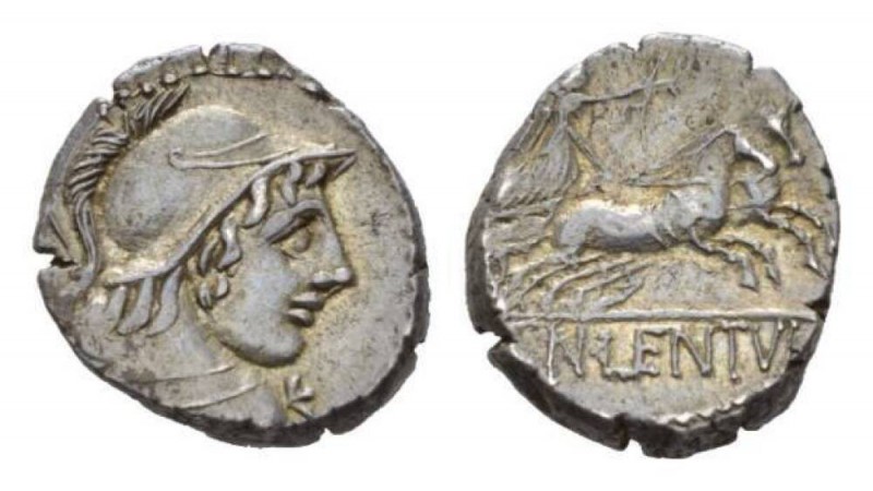 Cn. Cornelius Lentulus. Denarius 88, AR 18mm., 4.24g. Helmeted bust of Mars r., ...