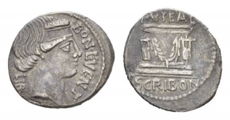 L. Scribonius Libo. Denarius 62, AR 19mm., 3.08g. BON EVENT – LIBO Diademed head...