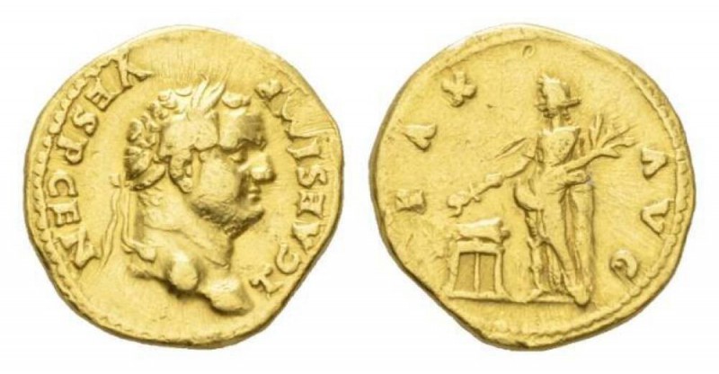 Titus Caesar, 69 – 79 Aureus 74, AV 20mm., 7.21g. T CAESAR IMP – VESP CEN Laurea...