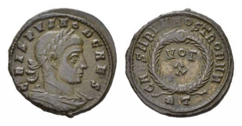 Crispus caesar, 317-326 Follis 320-321, Æ 20mm., 3.55g. CRISPVS NOB CAES Laureat...