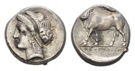 Campania, Neapolis Didrachm 275-250, AR 19.5mm., 7.46g. Head of Parthenope r. Rev. Man-headed bull l., crowned by Nike. In exergue, NEOΠOΛITON. SNG Fr...