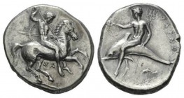 Calabria, Nomos 315-302, AR 23.5mm., 7.85g. Horseman r., holding spears and shield; below, ΣA. Rev. TAPAΣ Phalanthos riding dolphin l., holding kantha...