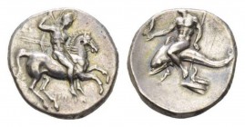 Calabria, Tarentum Nomos 280-272, AR 21mm., 6.41g. Nude warrior,on horse r.; holding shield and two spears; below, ΦINTYΛOΣ. Rev. Phalanthos, holding ...