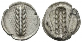Lucania, Metapontum Nomos 500-480, AR 24mm., 7.72g. META Ear of barley with six grains. Rev. Incuse ear of barley with six grains. Noe-Johnston 171. H...