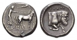 Sicily, Gela Tetradrachm circa 420-415, AR 25mm., 17.15g. Slow quadriga driven r. by charioteer, holding kentron and reins; above, Nike flying l. to c...