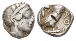 Attica, Athens Tetradrachm 454-404, AR 21.5mm., 16.96g. Helmeted head of Athena r. Rev. AΘE Owl standing r., head facing; olive sprig and crescent beh...