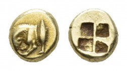 Mysia, Cyzicus Hemiehecte 550-475, EL 8.5mm., 1.33g. Forepart of lion devouring prey; behind, tunny. Rev. Quadripartite incuse square. Von Fritze - cf...