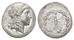 Aeolis, Myrina Tetradrachm 155-145, AR 33mm., 16.73g. Laureate head of Apollo r. Rev. MΥΡINAIΩN Apollo Grynius standing r. with laurel branch and pate...