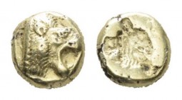 Lesbos, Mytilene Hecte (fouree) 521-478, EL 10mm., 1.96g. Head of lion l., with open jaws. Rev. Calf's head r., incuse. Dewing 559. Bodenstedt 13 D/μ....