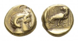 Lesbos, Mytilene Hecte 377-326, EL 11.5mm., 2.48g. Young male head r., with the horn of Ammon. Rev. Eagle standing r., with closed wings, looking back...