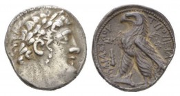 Phoenicia, Tyre Tetradrachm 80-79, AR 28mm., 14.24g. Laureate head of Melqart r. Rev. ΤΥΡΟΥ ΙΕΡΑΣ– ΚΑΙ AΣYLOY Eagle standing l. on prow; in l. field, ...