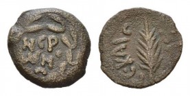 Judaea, Porcius Festus, 59-62Jerusalem Prutah 59, Æ 18mm., 2.61g. Legend within wreath. Rev. Palm branch. Meshorer 345. Hendin 653.

Very Fine.