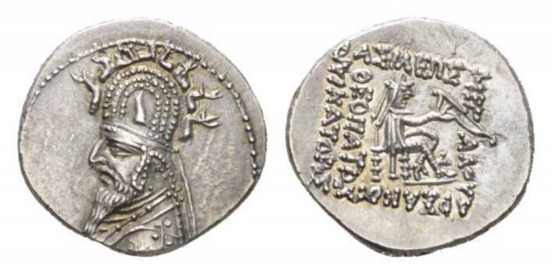 Parthia, Sinatrukes, 93-69Rhagai Drachm 93-69, AR 20.5mm., 4.15g. Diademed and d...