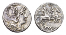 Denarius after 211, AR 18mm., 4.10g. Helmeted head of Roma r.; behind, X. Rev. The Dioscuri galloping r.; below, ROMA in linear frame. Sydenham 229. C...