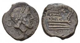 Semis after 211, Æ 28mm., 16.11g. Laureate head of Saturn r; behind, S. Rev. Prow r.; above, S and below, ROMA. Sydenham 143a. Crawford 56/3.

Brown...