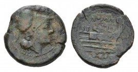 H series Triens South East Italy circa 211-210, Æ 24.5mm., 10.91g. Helmeted head of Minerva r.; above, four pellets. Rev. ROMA Prow r.; before, H and ...