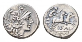 L. Saufeius Denarius 152, AR 18.5mm., 3.76g. Helmeted head of Roma r.; behind, X. Rev. Victory in prancing biga r.; below, L·SAVF and in exergue, ROMA...