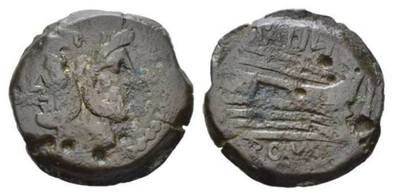 M. Atilius Serranus As 148, Æ 31mm., 20.03g. Laureate head of Janus; above, mark...