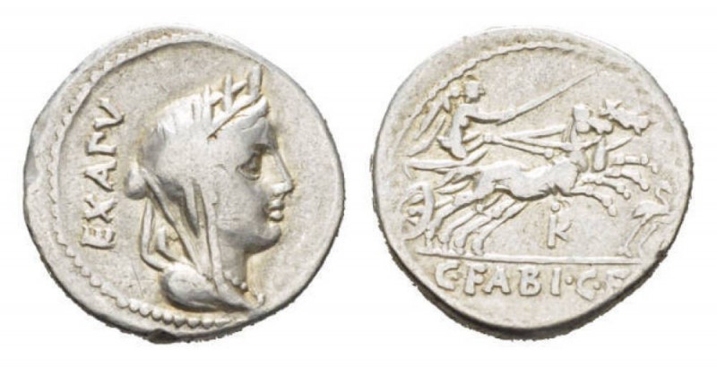 C. Fabius Hadrianus. Denarius 102, AR 21.5mm., 3.96g. Turreted and veiled bust o...