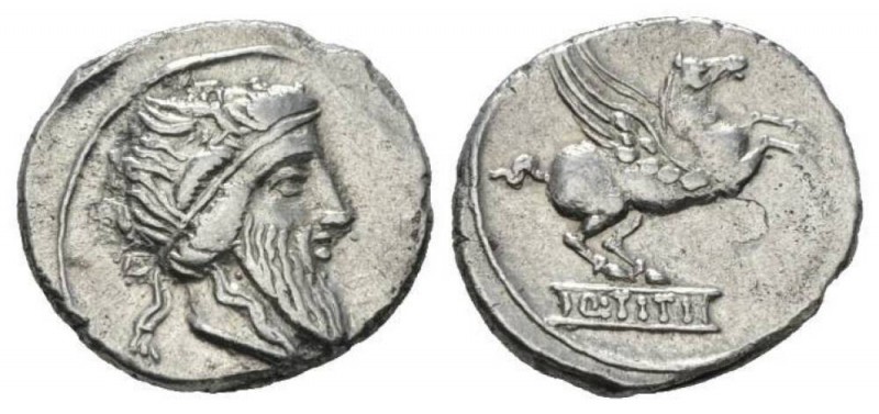 Q. Titius. Denarius 90, AR 18.5mm., 3.83g. Head of Mutinus Titinus r., wearing w...