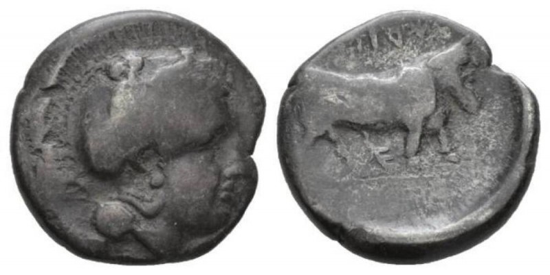 Campania, Hyria Nomos 405-400, AR 19.5mm., 6.88g. Head of Athena l., wearing cre...