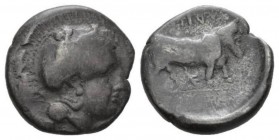 Campania, Hyria Nomos 405-400, AR 19.5mm., 6.88g. Head of Athena l., wearing crested Attic helmet decorated with wreath and owl. Rev. Man-headed bull ...