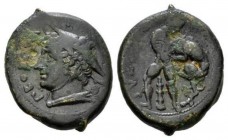 Campania, Suessa Bronze circa 265-240, Æ 20mm., 7.20g. Draped bust of Mercury l. Rev. Hercules strangling the Nemean lion. SNG Copenhagen 582. Histori...