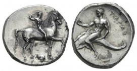 Calabria, Tarentum Nomos 302, AR 23..5mm., 7.88g. Nude youth, crowning himself, on horseback r.; below, ΣA above/Ionic capital. Rev. Phalanthos, holdi...