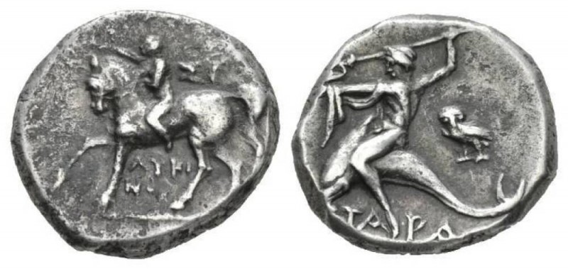 Calabria, Tarentum Nomos 272-240, AR 20mm., 6.36g. Nude youth on horseback l., p...