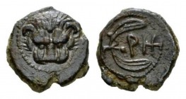 Bruttium, Rhegium Onkia 425-410, Æ 9.5mm., 0.78g. Lion mask. Rev. PH Spray of olive with barries. SNG ANS 681. Historia Numorum Italy 2522.

Green p...
