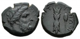 Sicily, Alontion Hemilitra 343-338, Æ 22.5mm., 9.63g. Laureate head of Zeus Eleutherios r. Rev. ALONT-INΩN Thunderbolt; in r. field, barley grain . Ca...