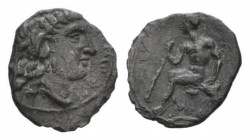 Sicily, Thermai Litra 383-367, AR 10mm., 0.45g. Head of Hera r., wearing polos decorated with three palmettes. Rev. Herakles seated l. on rock draped ...