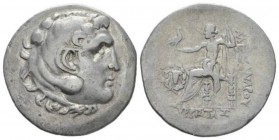 Kingdom of Macedon, Alexander III, 336 – 323Cyme Tetradrachm 188-170, AR 35mm., 15.82g. Head of Herakles wearing lion skin r. Rev. Zeus seated l., hol...