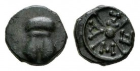 Thrace, Mesembria Diobol II cent. BC, Æ 9.5mm., 0.88g. Helm. Rev. M-E-Z-A within four-spoked wheel. Klein 97. SNG Cop. 652 var. (different helm and ME...