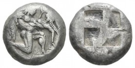 Island of Thrace, Thasos Stater 525-500, AR 18mm., 9.53g. Naked ithyphallic satyr supporting nymph under thighs with r. arm, the l. hand under her bac...
