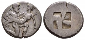 Island of Thrace, Thasos Stater 435-411, AR 22.5mm., 8.92g. Naked ithyphallic satyr supporting nymph under thighs with r. arm, the l. hand under her b...