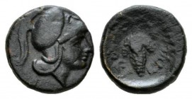 Locris, Locris Opuntii as Epiknemidii Bronze last quarter of the IV cent. BC, Æ 13mm., 2.17g. Athena helmeted r. Rev. Bunch of grapes with tendrils an...